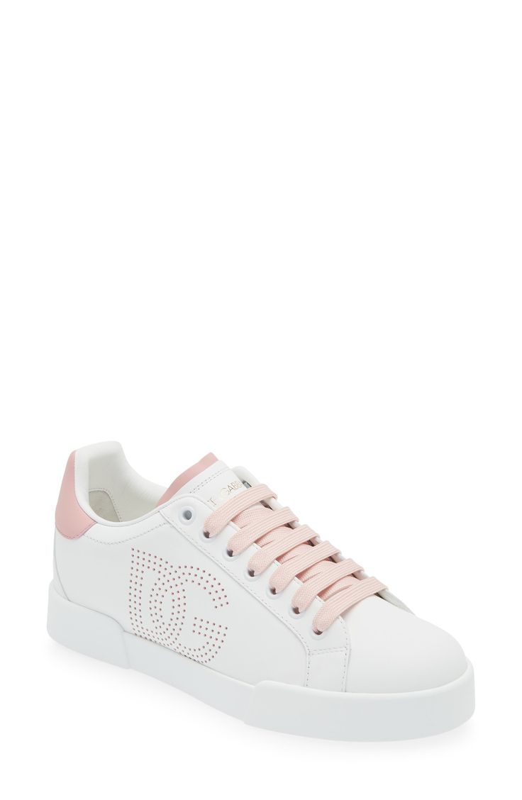 An emblematic monogram is perforated at the side wall of this low-profile leather sneaker ready to kick up your casual ensembles a notch. Lace-up style Leather upper and lining/rubber sole Made in Italy Designer Shoes Luxury Lace-up Sneakers With Logo Detail, Designer Sneakers With White Sole And Embossed Logo, Designer Sneakers With Embossed Logo And White Sole, Designer Low-top Sneakers With Logo Detail, Luxury Perforated Sneakers For Streetwear, Luxury Low-top Sneakers With Perforations, Low-top Perforated Calf Leather Sneakers, Low-top Custom Sneakers In Calf Leather With Perforations, Luxury Sneakers With Perforations And White Sole