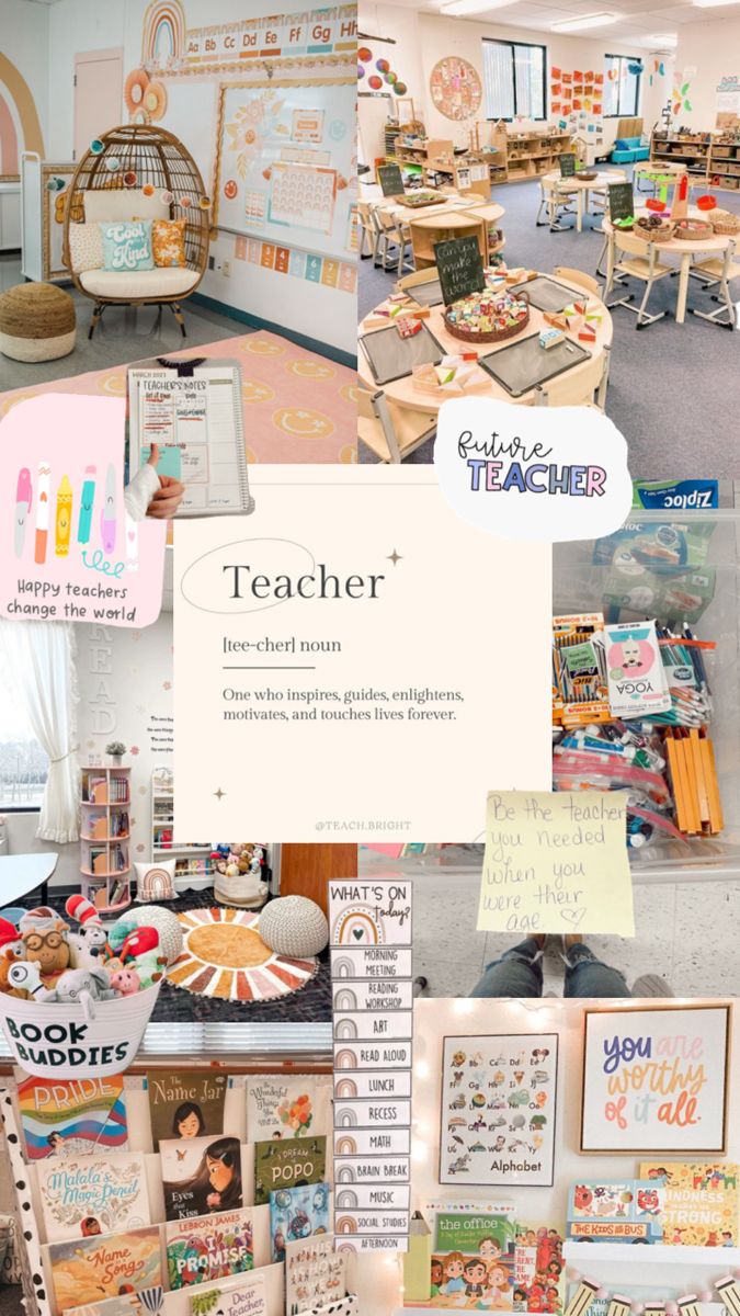 a collage of photos with pictures and words on them, including teacher's desks