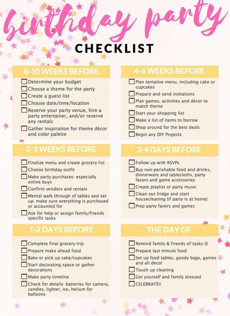 a birthday party checklist with pink and yellow stars on the top, in front of a