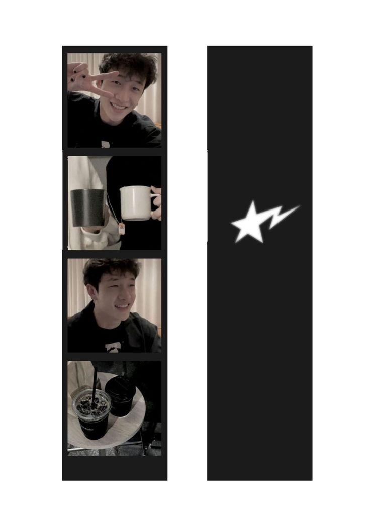 three pictures of two men with coffee cups and one has a star on his shirt