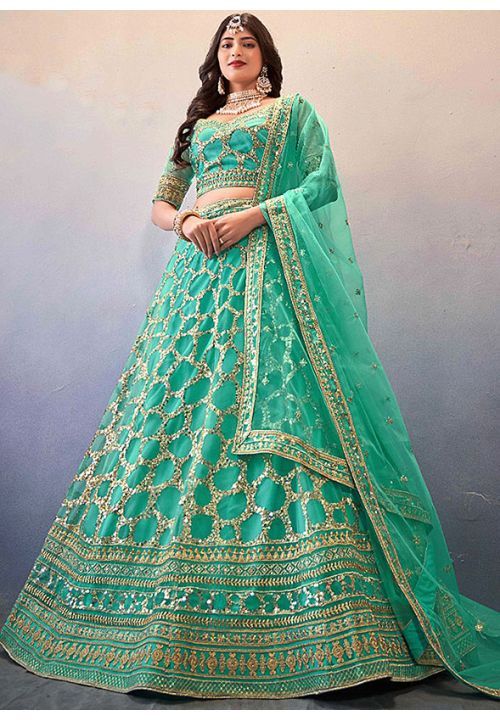 Aquamarine Sequins Embroidered Net Lehenga Choli Net Lehenga Choli, Heavy Lehenga, Engagement Lehenga, Gold Lehenga, Bridesmaid Lehenga, Butterfly Net, Reception Lehenga, Green Lehenga, Net Lehenga