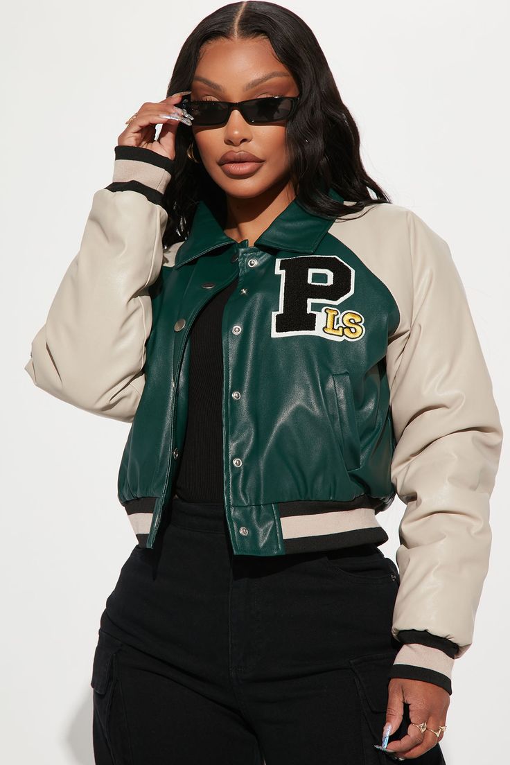 Walk The Hallways Varsity Jacket - Green/combo | Fashion Nova, Outerwear | Fashion Nova Varsity Jacket Outfit Women, Prom Jacket, Green Varsity Jacket, Jodie Joe, Glam Closet, Varsity Jacket Outfit, Jacket Varsity, Leather Varsity Jackets, Jacket Outfit Women