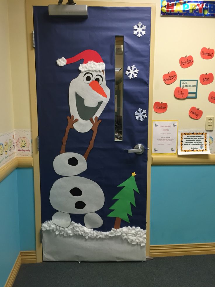 a door decorated to look like a snowman