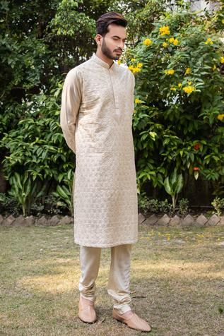 Shop for Darshika Menswear Beige Silk Blend Thread Embroidered Kurta Set for Men Online at Aza Fashions Kurta Set For Men, Beige Silk, Mens Accessories Jewelry, Thread Work, Churidar, Kurta Set, Formal Shirts, Kids Sleepwear, Night Outfits