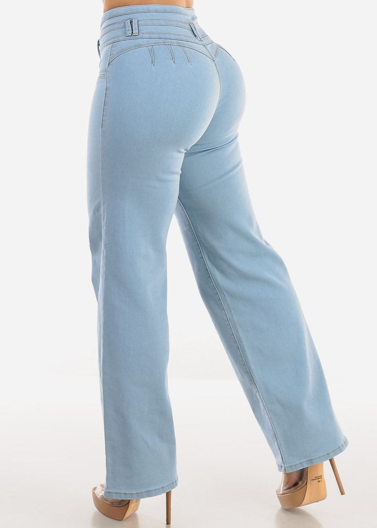 Butt Lifting Straight Wide Leg Jeans Light Blue Straight Wide Leg Jeans, Jeans Light Blue, Career Wear, Dressy Tops, Basic Tops, Cardigan Jacket, Skirt Top, Stretch Jeans, Wide Leg Jeans