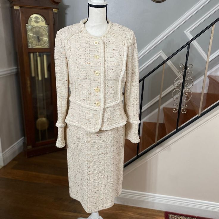 Stunning Vintage St. John Collection 2 Piece Knit Outfit Simply Gorgeous And Classy Outfit, Just Timeless! Color: Off-White, Beige, And Light Brown Classic Fitted White Tweed Dress, Classic Beige Tweed Dress For Formal Occasions, Elegant Cream Tweed Dress For Formal Occasions, Spring Fitted Wool Tweed Dress, Spring Wool Tweed Dress Fitted, Spring Wool Tweed Fitted Dress, Spring Wool Tweed Dress, Elegant Fitted Beige Tweed Dress, Fitted Cream Tweed Outerwear