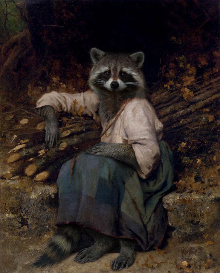 a painting of a raccoon sitting on the ground