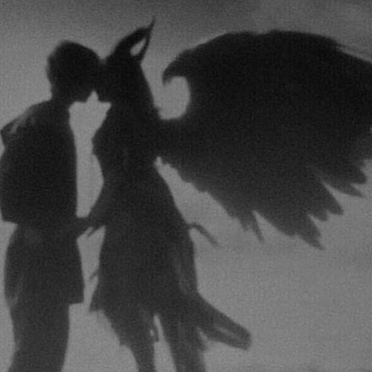 a man and woman kissing in the air with their wings spread out, silhouetted against an overcast sky