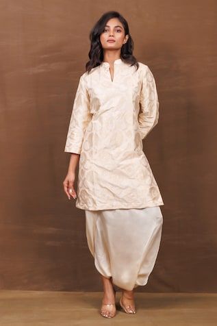 Ivory handwoven banarasi silk kurta with all over contrast metallic floral jaal pattern and mandarin collar. Paired with pleated cowl draped dhoti pant. - Aza Fashions Beige Suits, Dhoti Pants, Silk Kurta, Kurta With Pants, Indian Outfit, Pants Pattern, Floral Vintage, Pant Set, Embroidered Silk