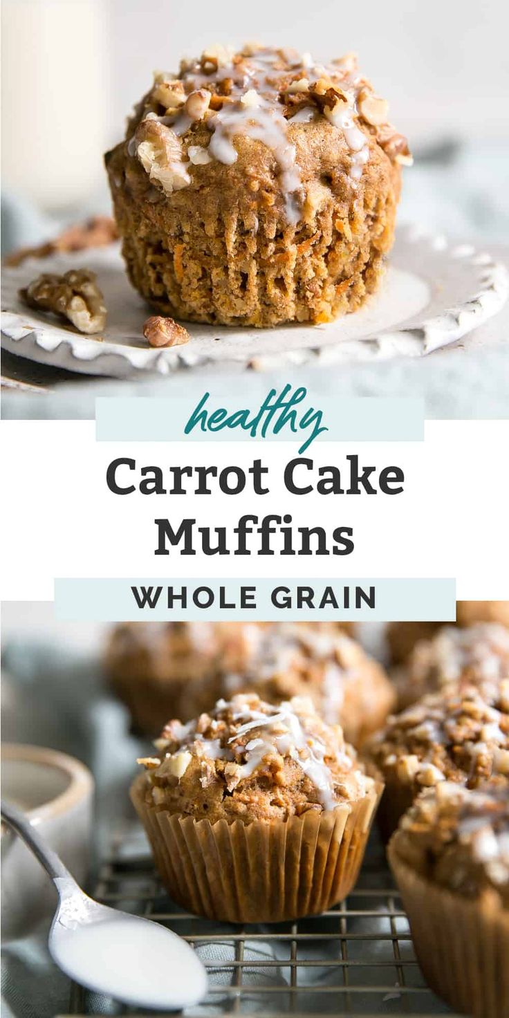 healthy carrot cake muffins with white glaze on top and in the background