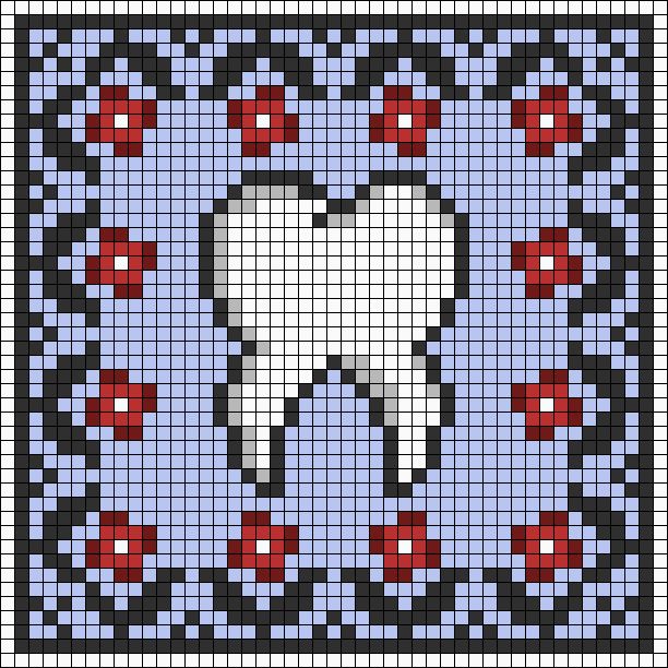 a cross stitch pattern with a tooth in the middle and red flowers around it on a blue background