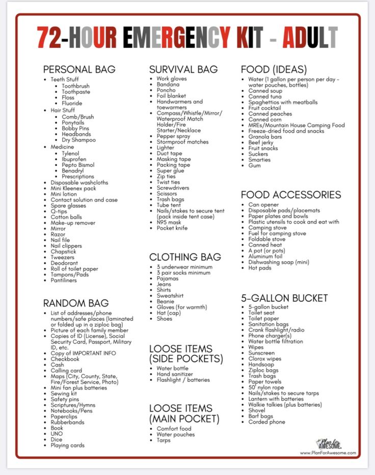 the emergency kit list is shown in red and white, with instructions for each item