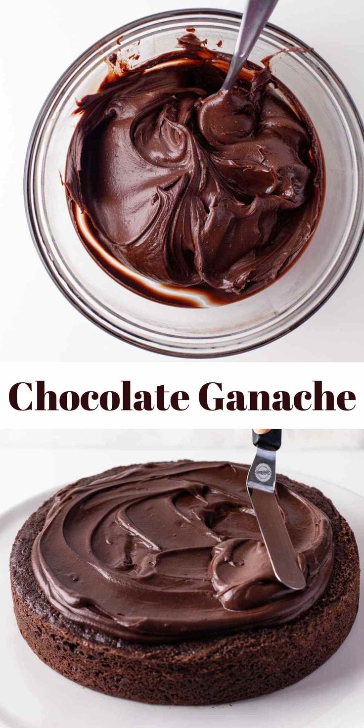 chocolate ganache is being spread on top of a cake