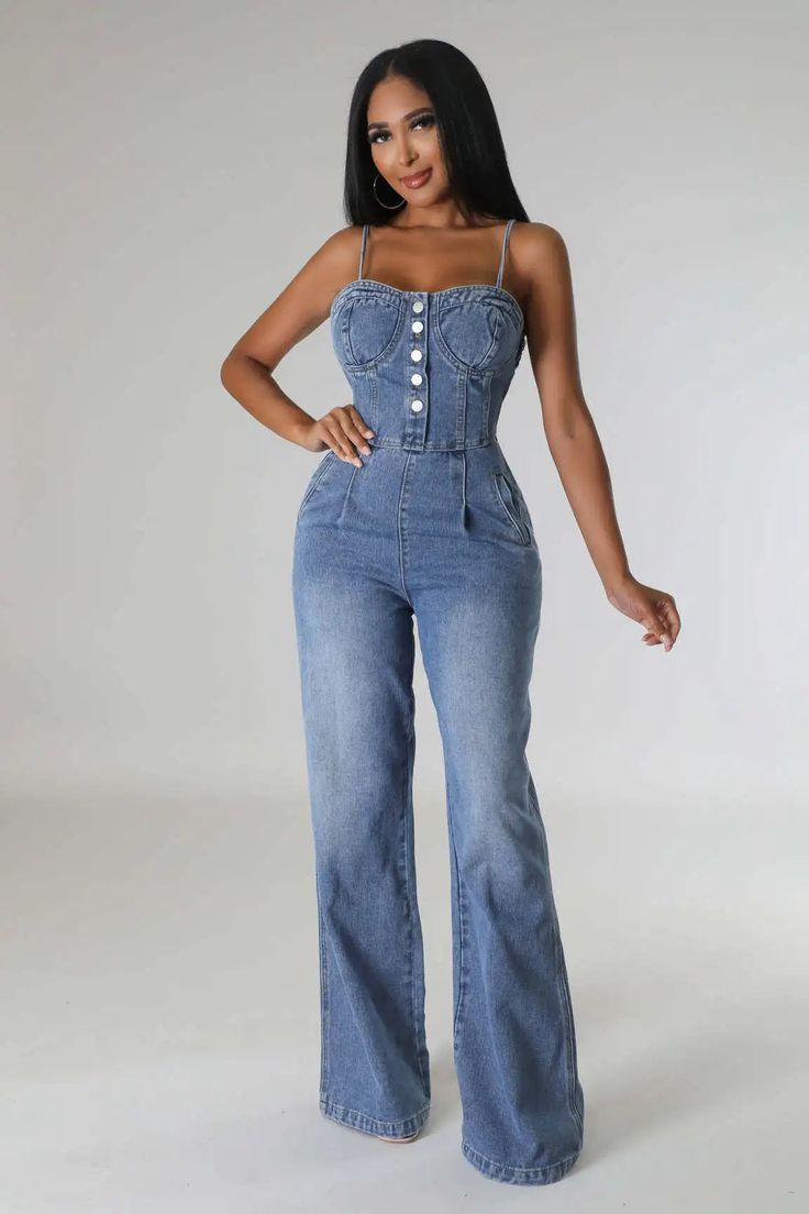 Shop the Mabel Love Co Spaghetti Top and Wide Leg Denim Jumpsuit for a stylish and comfortable look. High-quality denim, flattering fit, and versatile design. Perfect for any occasion. Order now! Denim Wide Leg Pants, Bell Bottom Jumpsuits, Jumpsuit Denim, Spaghetti Top, Denim Wide Leg, Denim Patterns, Comfortable Design, Bell Bottom Pants, Maxi Dress Formal