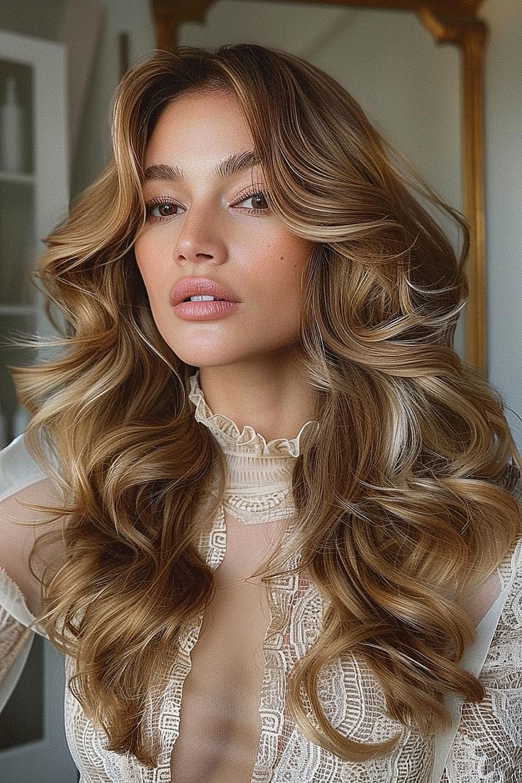 The Cutest Long Layered Haircuts of 2024 Curled Layered Hair Long, Big Romantic Curls, Bouncy Blow Dry Curls, Curls With Layered Hair, Blowout With Loose Curls, Volume Curls Wedding, Bouncy Blowout Wedding Hair, Voluminous Blowout Medium Hair, Voluminous Curled Hair