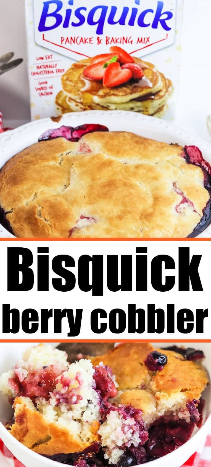 the pie is ready to be eaten and served with berries on top, next to a box of bisquick berry cobbler