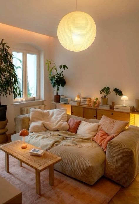 a living room filled with lots of furniture and plants on top of the table in front of a window