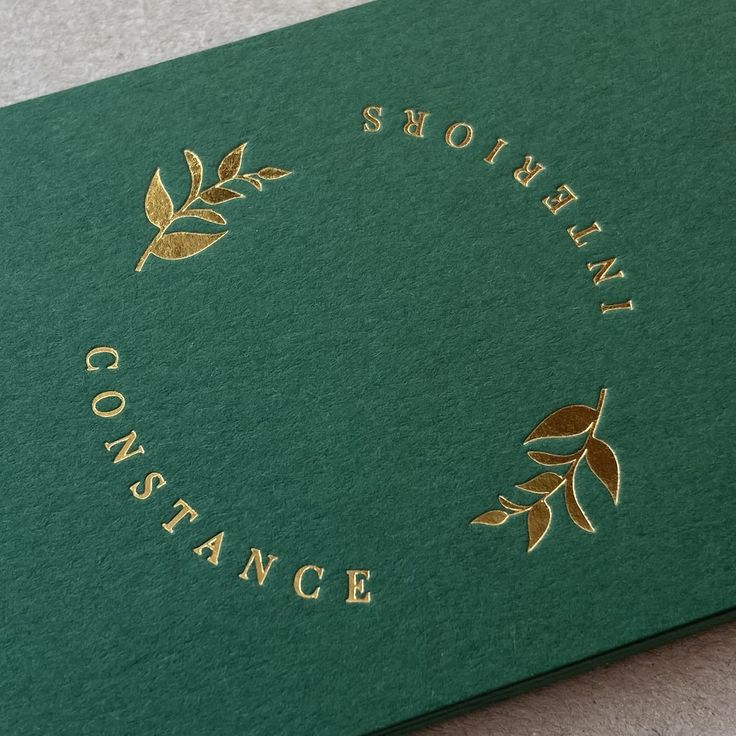 Gold foil printed business cards on 540gsm forest green colorplan. Green Gold Packaging, Green And Gold Packaging, Forest Green Branding, Gold Logo Design Ideas, Green Gold Branding, Emerald Branding, Green And Gold Branding, Emerald Green And Gold Branding, Classy Icon