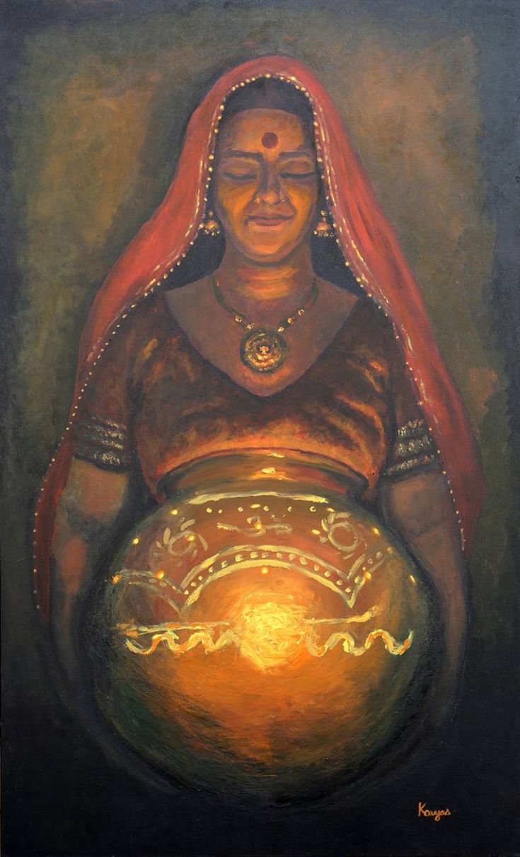 a painting of a woman holding a bowl with an orange light in her hand and wearing a red headdress