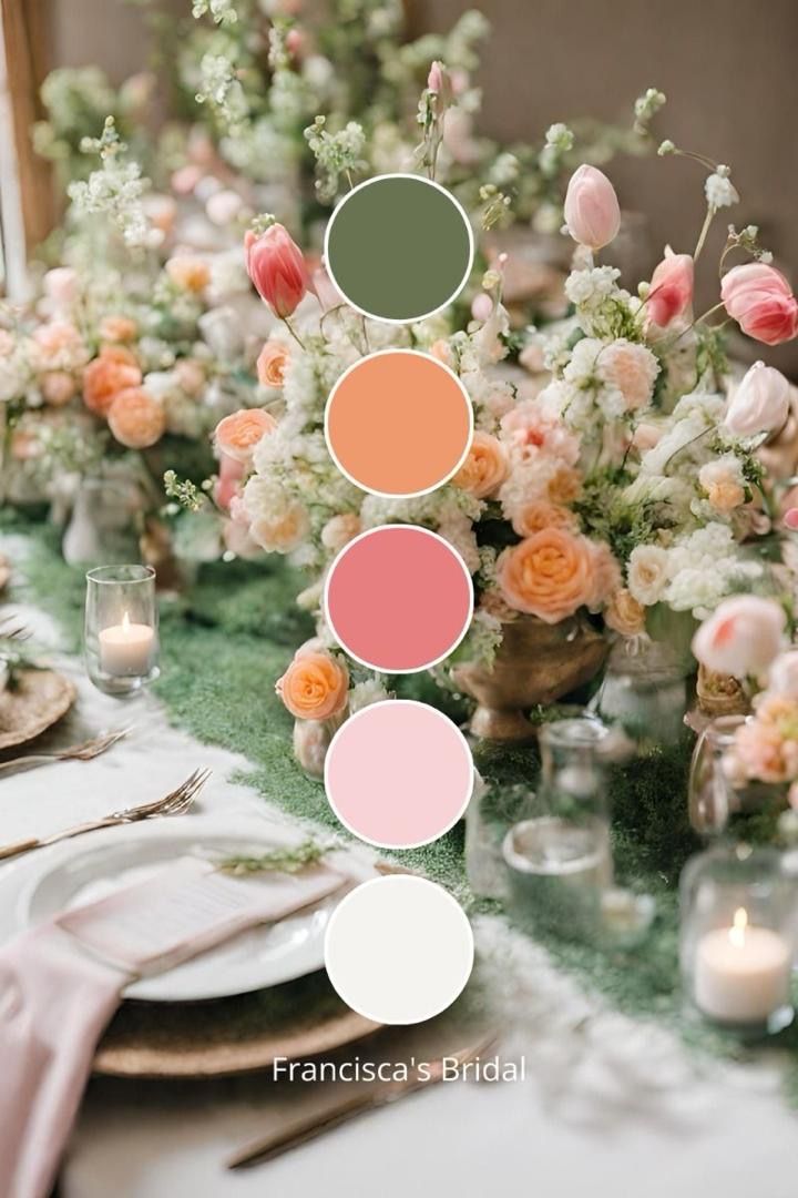 Wedding Decor Colour Schemes, Spring Wedding Elegant, Colour Palette For Wedding, Spring Outdoor Wedding Colors, Wedding Spring Color Palette, Whimsical Garden Wedding Color Palette, Unique Wedding Colours, Bright Color Wedding Decor, Pastel Theme Wedding Decor