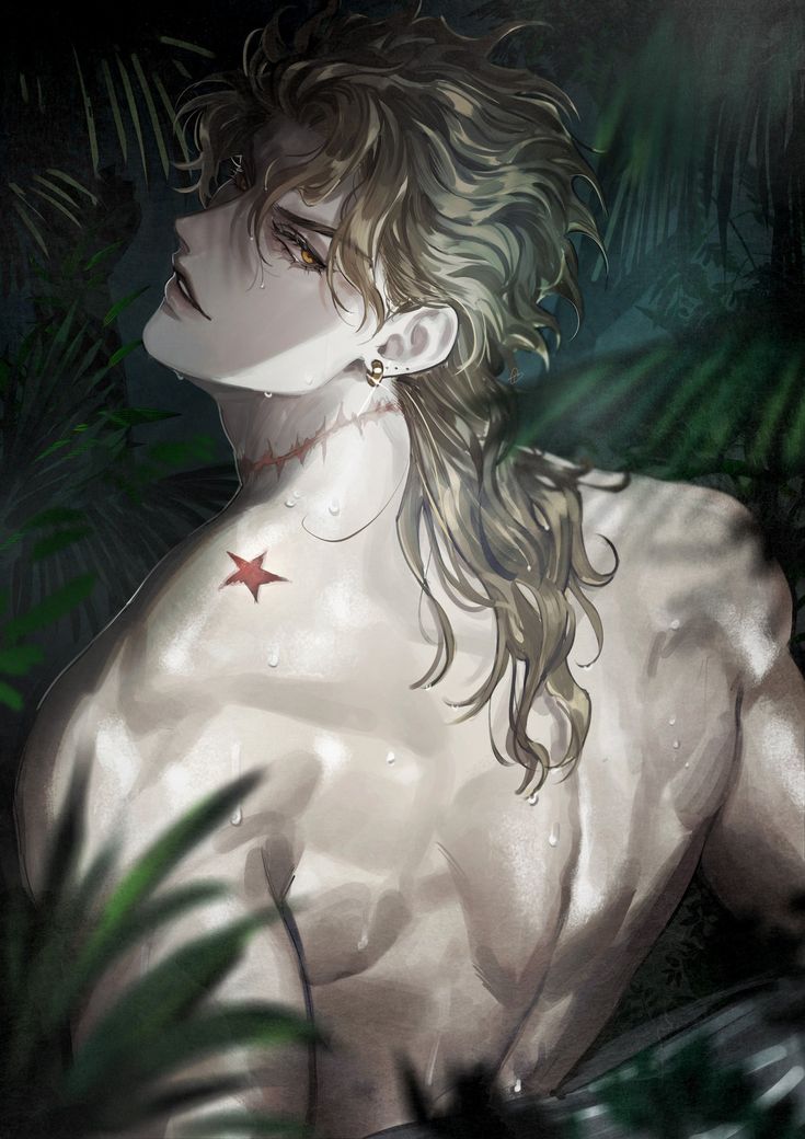 a man with long hair and no shirt on sitting in the jungle looking at something