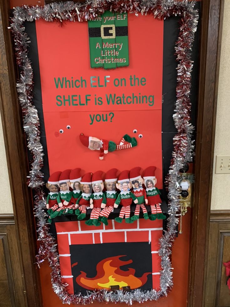 a door decorated with christmas stockings and elf hats, which reads which elf on the shelf is watching you?