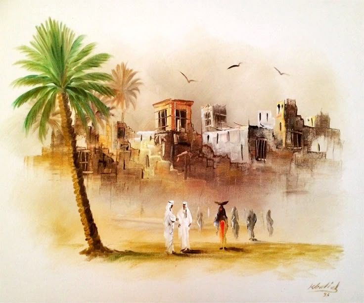 a painting of people walking on the beach with palm trees and buildings in the background