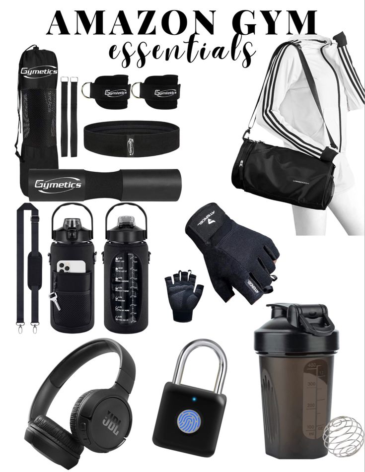 an assortment of gym essentials with the words amazon gym essentials