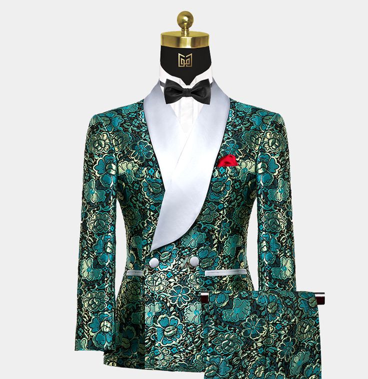 Teal Green Outfit Men, Green And Gold Tuxedo, Background Glow, Men Fashion Suit, Floral Tuxedo, Turquoise Suit, Steampunk Vampire, Green Suit Jacket, Tuxedo Prom