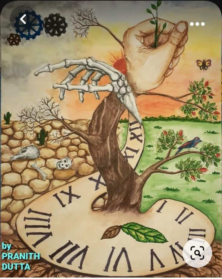 a drawing of a tree with hands reaching for leaves and flowers on the clock face