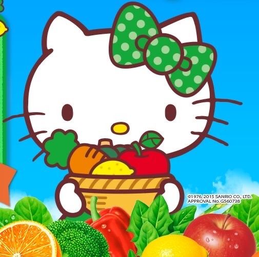 an image of a hello kitty with fruits and vegetables