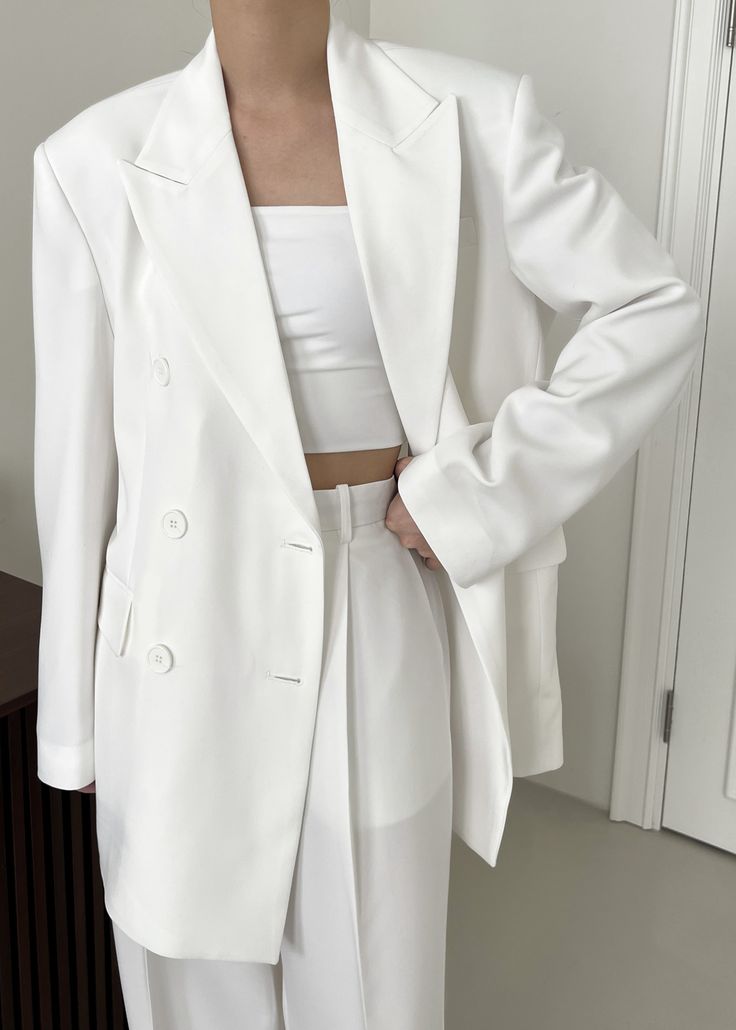 Nessi Double Breasted Blazer - White Classic White Blazer With Double Button Closure, White Tailored Double-breasted Blazer, White Double-breasted Semi-formal Blazer, White Double-breasted Outerwear With Suit Collar, White Double-breasted Blazer With Hidden Buttons, White Double-breasted Long Sleeve Suits, White Double Button Closure Suit For Formal Occasions, White Double-breasted Blazer With Double Button Closure, White Blazer With Double Button Closure And Suit Collar