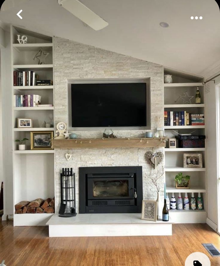 a living room filled with furniture and a flat screen tv mounted above a fire place