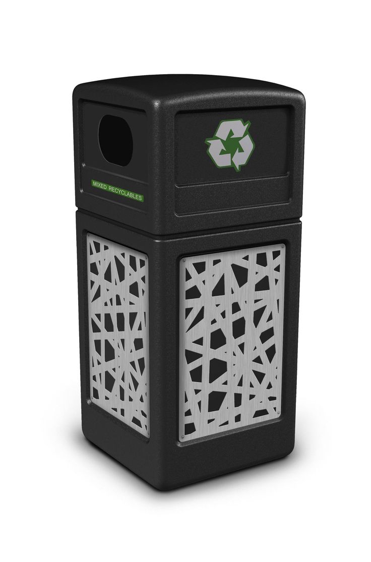 a black trash can with white designs on the sides and bottom, in front of a white background