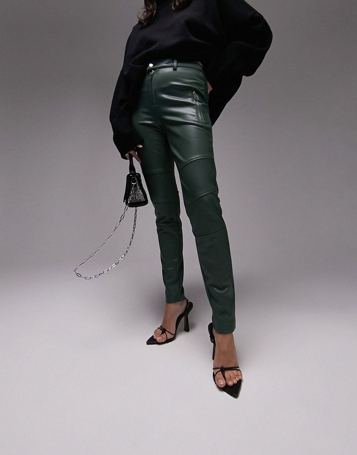 Skinny Pants by Topshop Welcome to the next phase of Topshop High rise Zip fly Zip pockets Skinny fit Winter Workwear Bottoms With Zipper Closure, Leather Pants With Zipper For Winter Workwear, Trendy Fall Leggings With Zipper Closure, Trendy Stretch Leather Pants With Pockets, Chic Green Leather Pants For Work, Green Leather Pants For Work In Fall, Chic Green Bottoms For Winter, Chic Green Winter Bottoms, High Waist Green Leather Pants For Fall