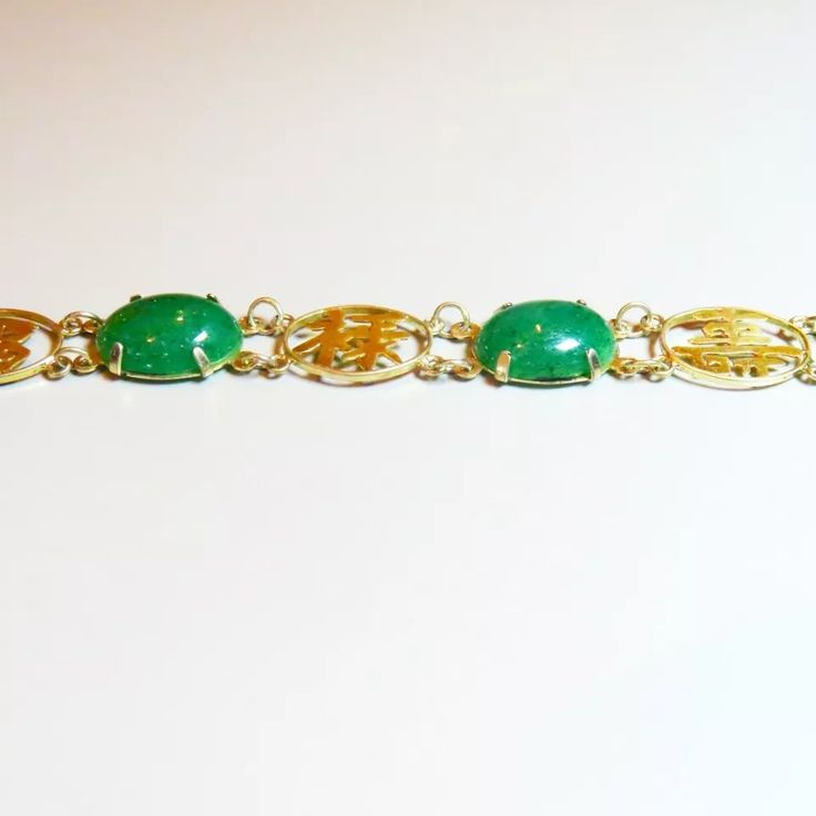 Vintage 14k Gold Chinese Characters Green "Old Jade" Aventurine Link Bracelet | eBay Fine Jewelry Bracelet With Cabochon, Luxury Green Jewelry With Polished Finish, Classic Green Jade Jewelry, Luxury Green Oval Bracelet, Formal Yellow Gold Bracelets With Natural Stones, Fine Jewelry Jade With 17 Jewels, Classic Polished Jade Jewelry, Classic Jade Jewelry, Gold Cabochon Bracelet In Fine Jewelry Style