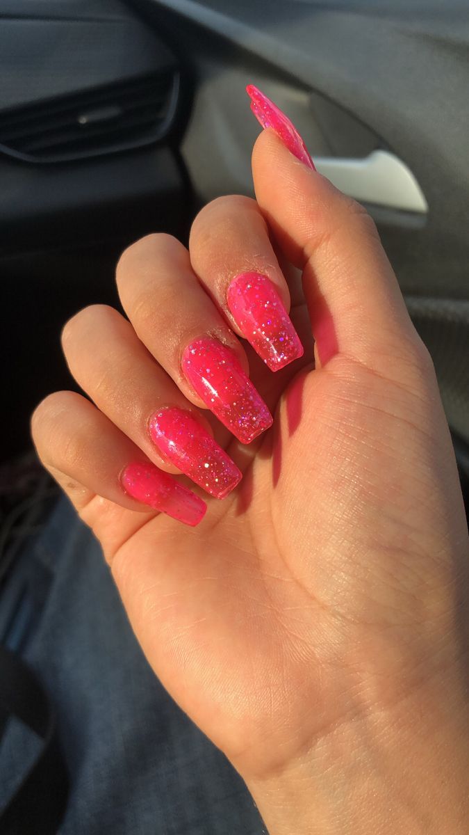 acrylic jelly nails glitter Jelly Pink Nails Glitter, Bright Jelly Nails, Pink Jelly Glitter Nails, Hot Pink Clear Nails, Jelly Look Nails, Jelly Nails Gel Polish, Purple Jelly Nails Acrylic, Hot Pink Jelly Nails, Jelly Tips Nails