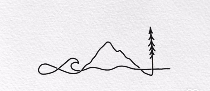 a line drawing of a mountain with trees on the top and an arrow in the middle