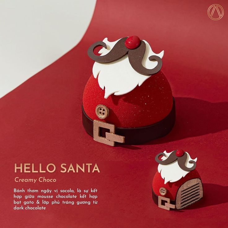 an advertisement for a santa clause hat with buttons on the front and back, sitting on a red surface