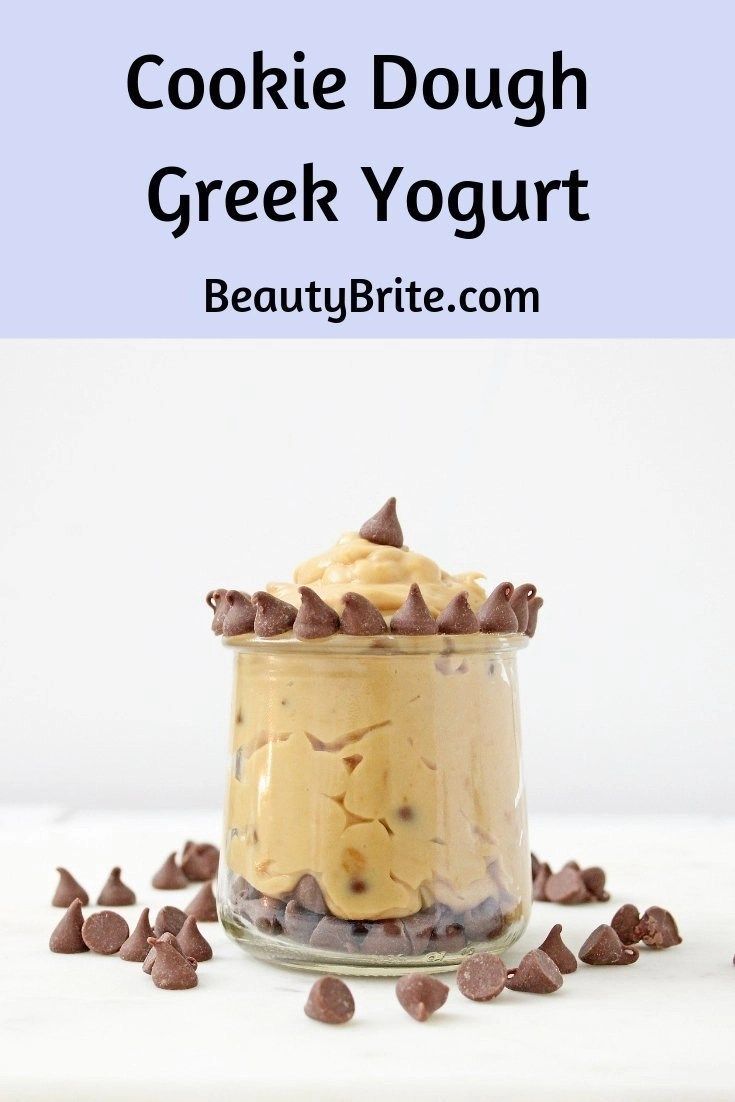 cookie dough greek yogurt in a glass jar with chocolate chips