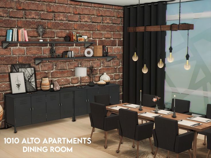 a dining room with brick walls and black furniture