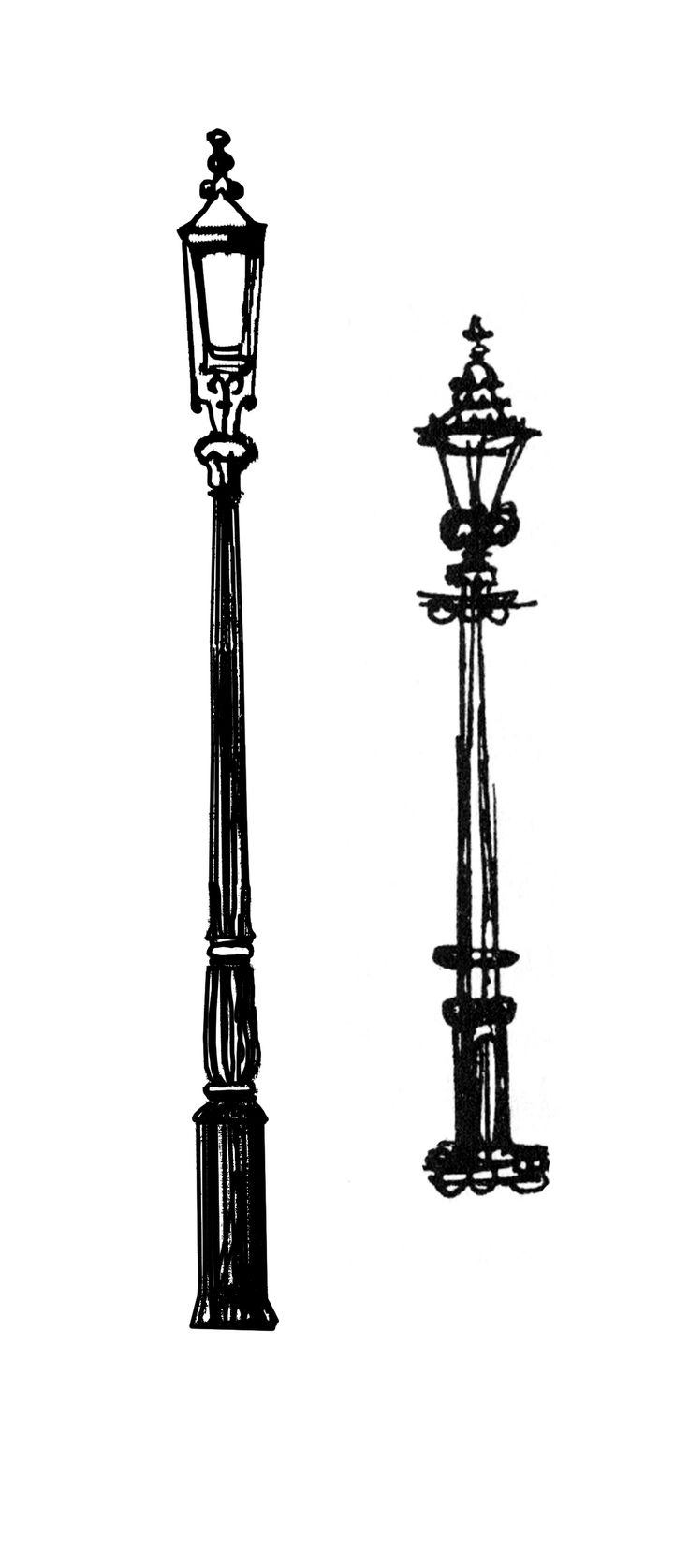 a black and white drawing of two street lamps