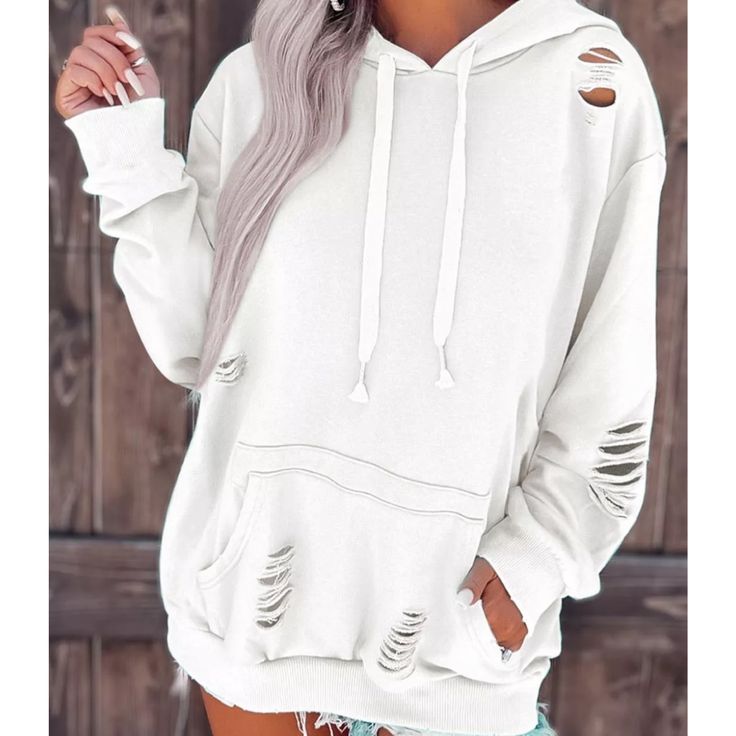 Distressed Lightweight Hoodie. Super Comfortable. So Cute!!! Ripped Sweatshirt, Distressed Hoodie, Lisa Fischer, Graphic Pant, Corsets And Bustiers, Denim Coat Jacket, Drawstring Hoodie, Hooded Pullover, White Hoodie