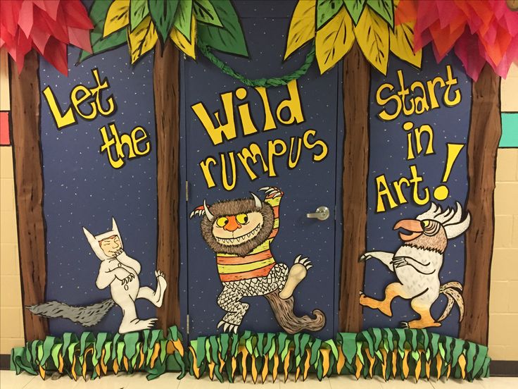 two doors decorated with cartoon animals and words that read, let the wild rumps start in art