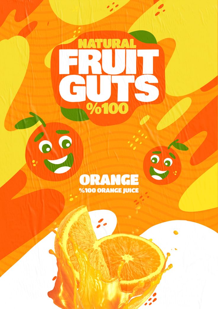 an advertisement for orange juice with fruit cutts on the front and back side,