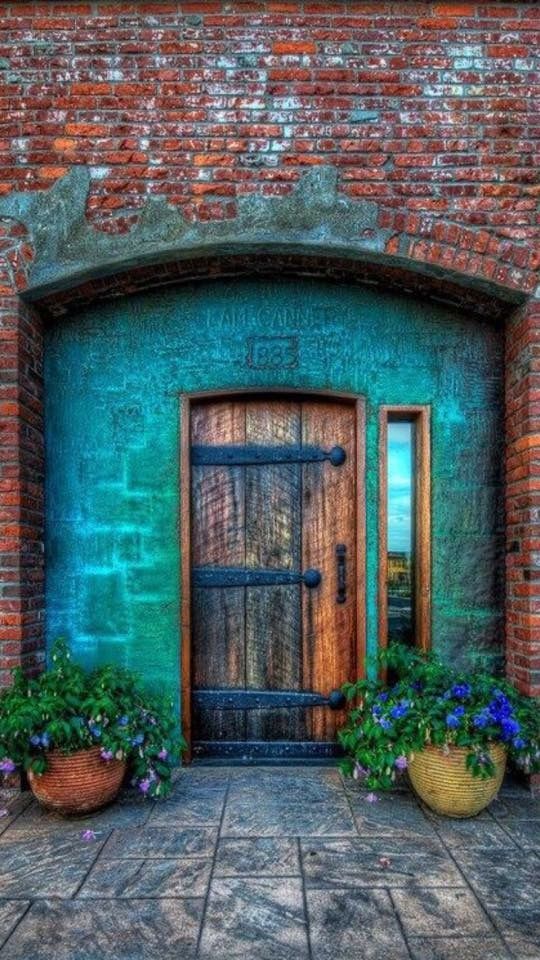 an open door with potted plants in front of it and the words wooden doors