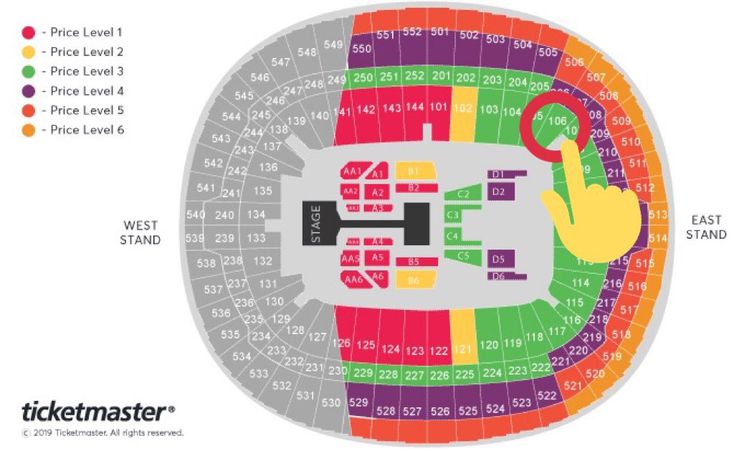 the seating map for an arena with seats on each side and numbers in different colors