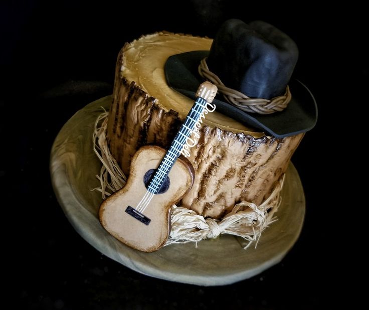 a cake with a hat, guitar and rope on it's side in the shape of a tree stump