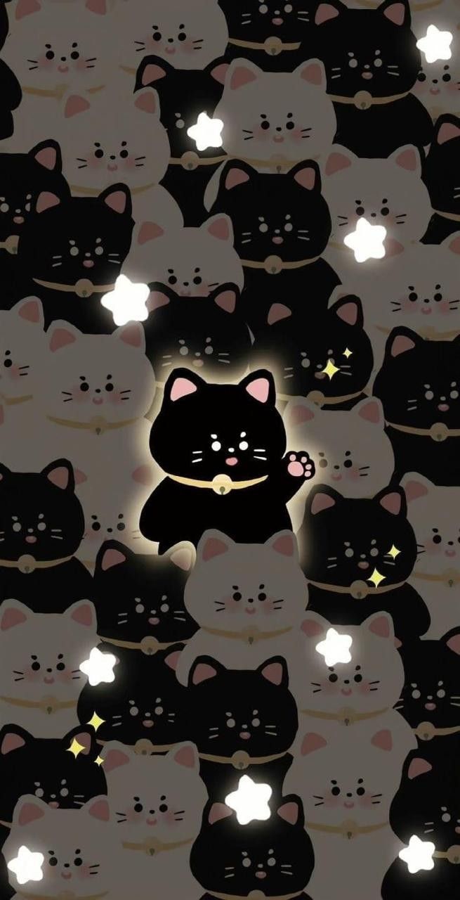 many black cats with glowing eyes are in the middle of a group of white ones