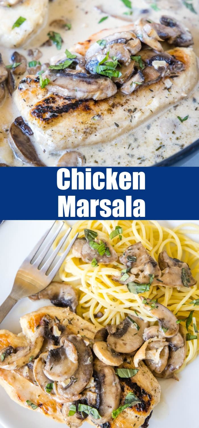 chicken marsala with mushrooms and pasta on a plate